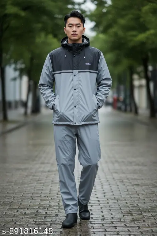 Men's Waterproof Plastic Raincoat  Hooded & Lightweight grayblack